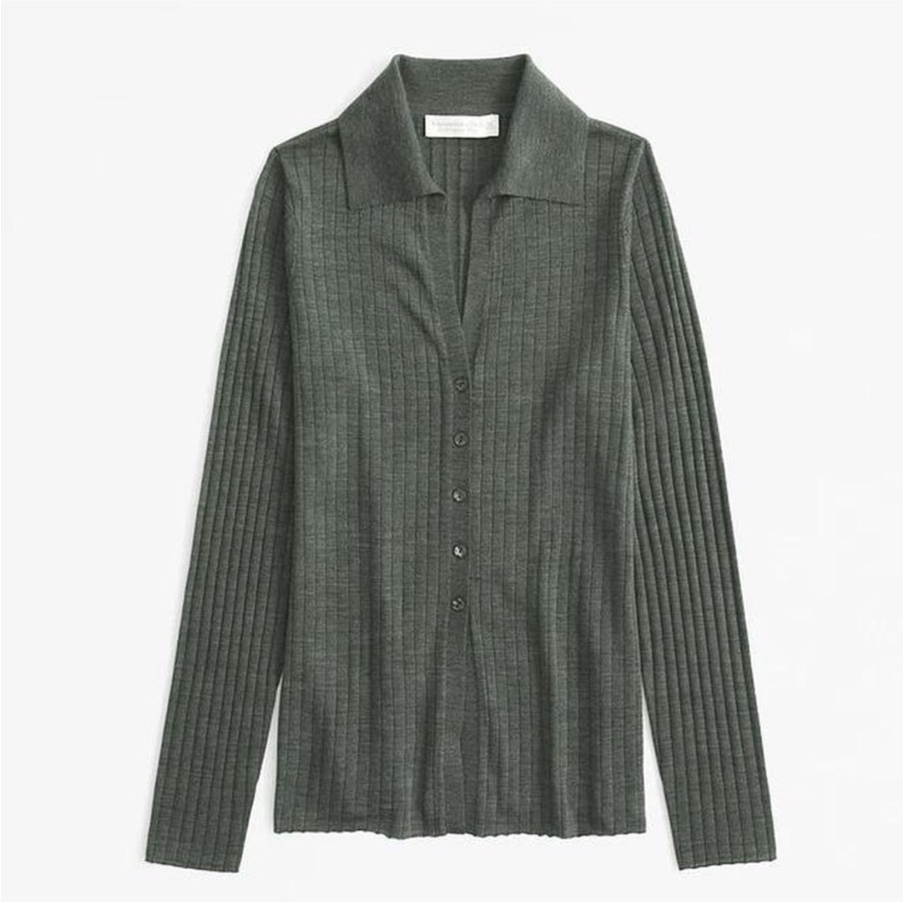 Abercrombie & Fitch Charcoal Merino Wool Slim Collared Button Down Top Green